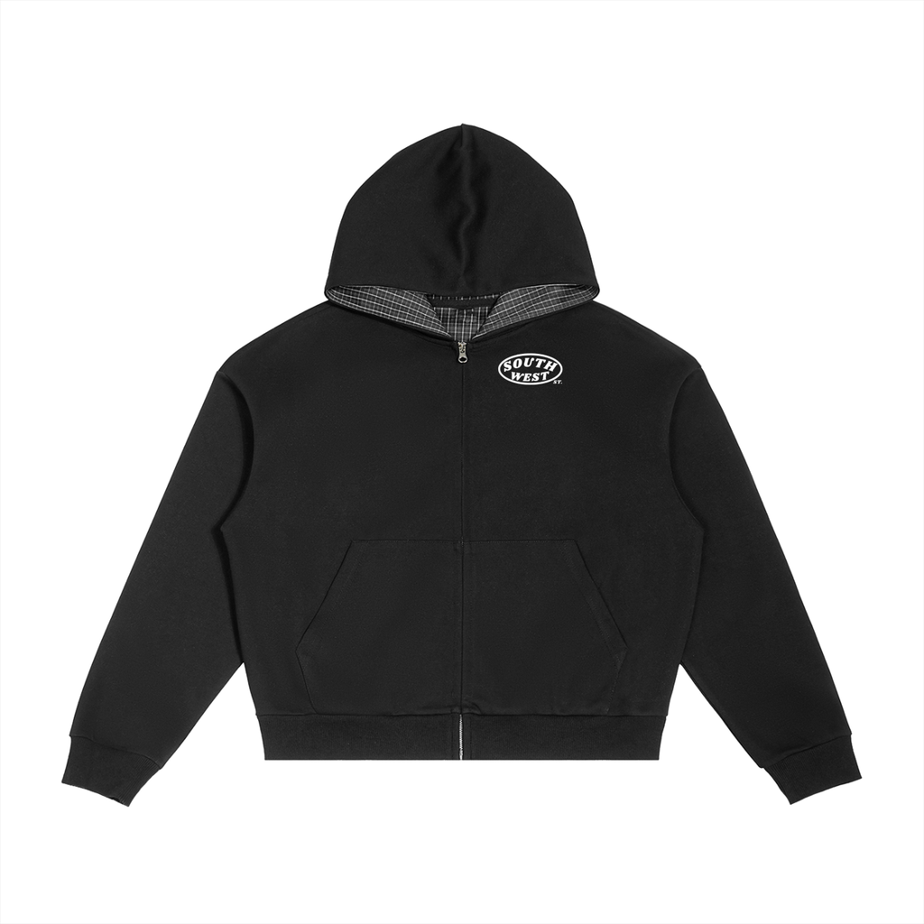 Black hoodie with a small logo on the chest against a white background