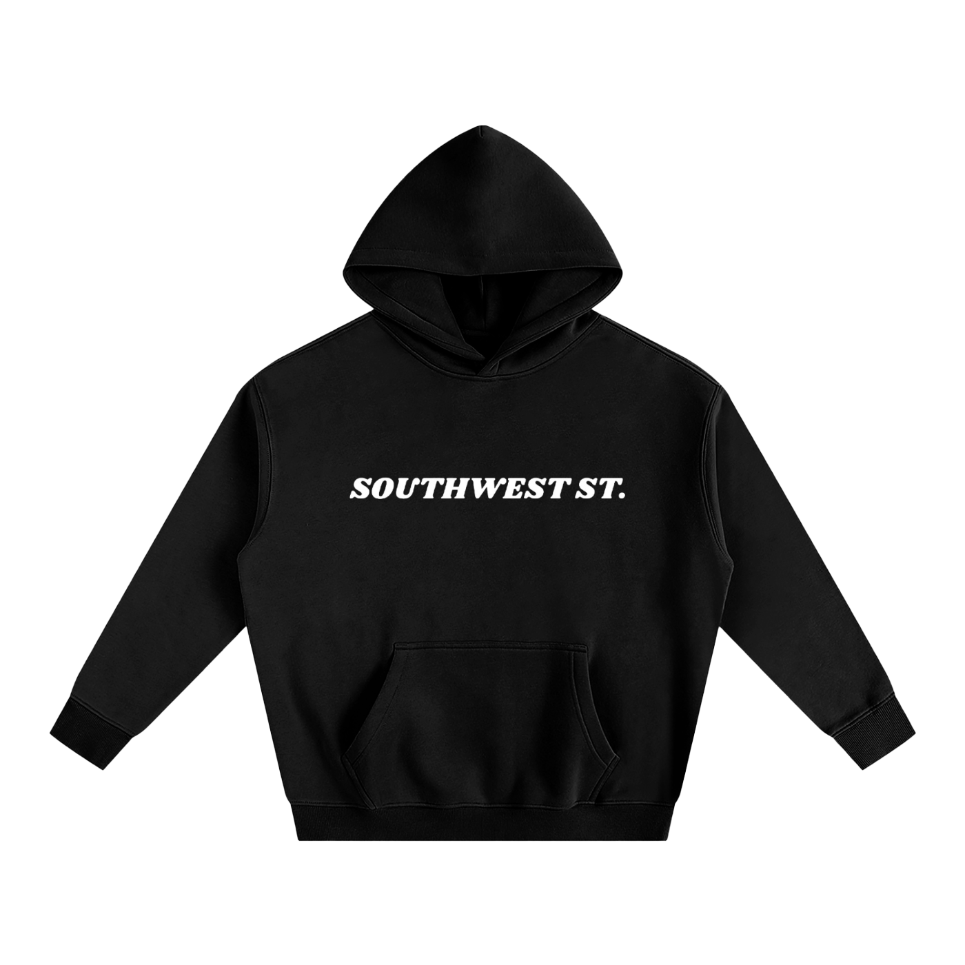 Black hoodie with text on a white background