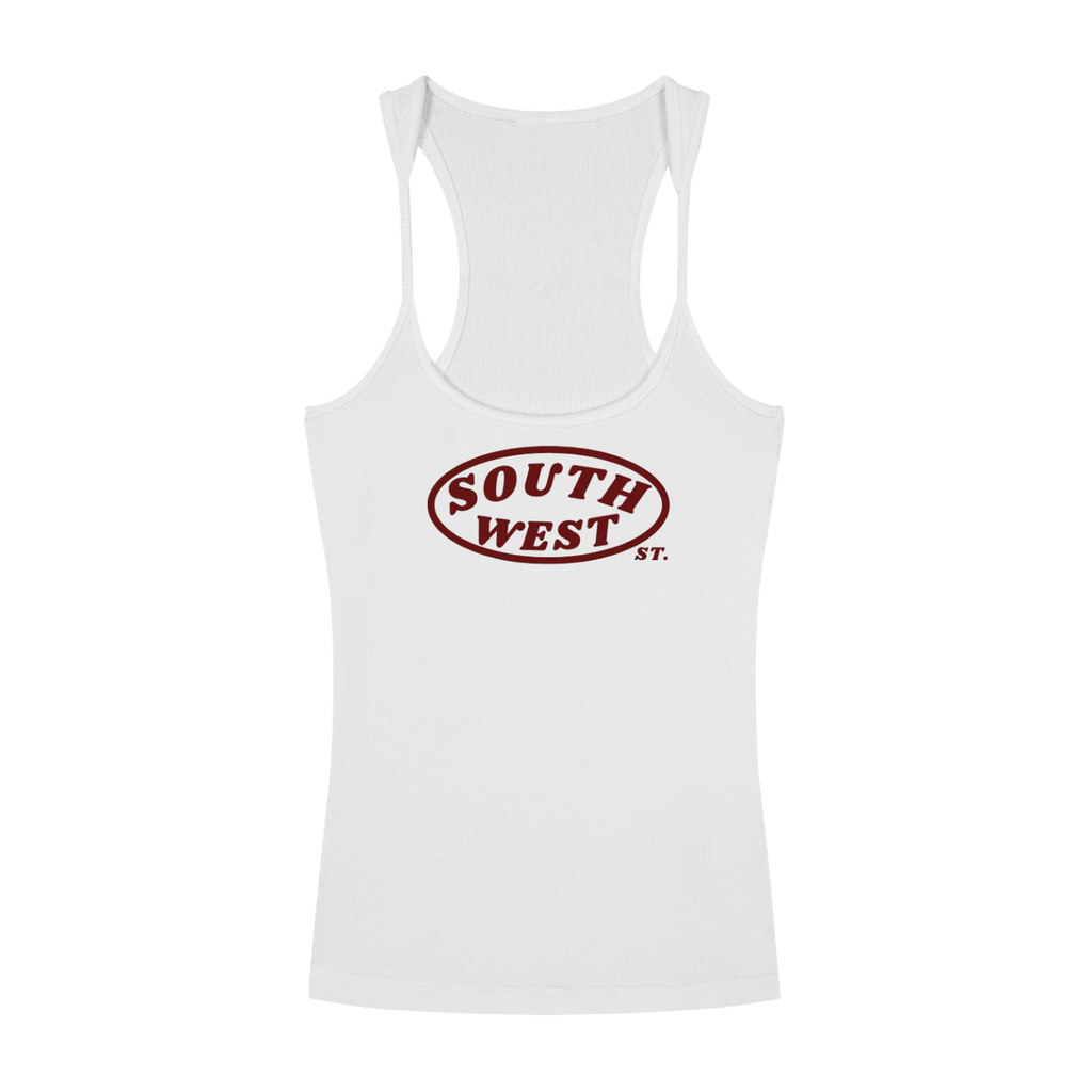 White tank top with 'South West St.' printed in red on a white background