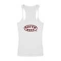 White tank top with 'South West St.' printed in red on a white background