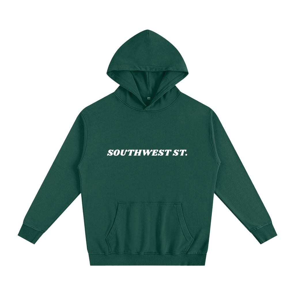 Green hoodie with 'SOUTHWEST ST.' text on a white background