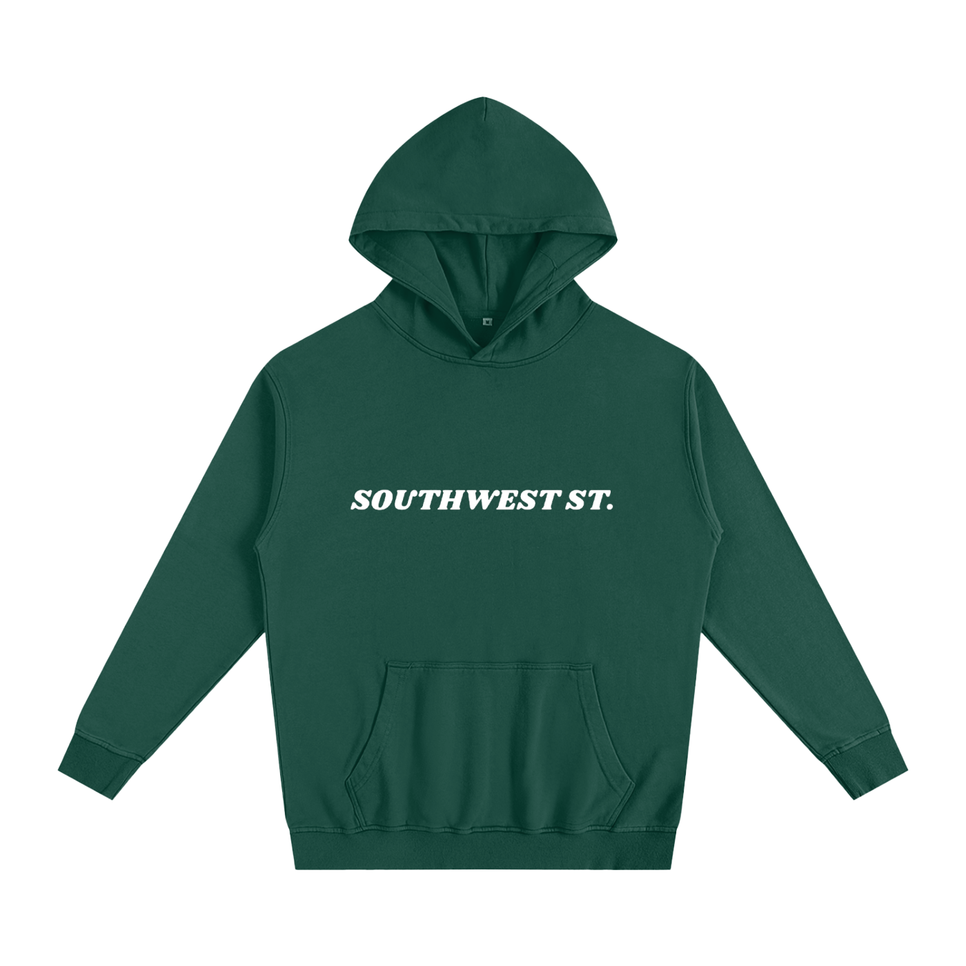 Green hoodie with 'SOUTHWEST ST.' text on a white background