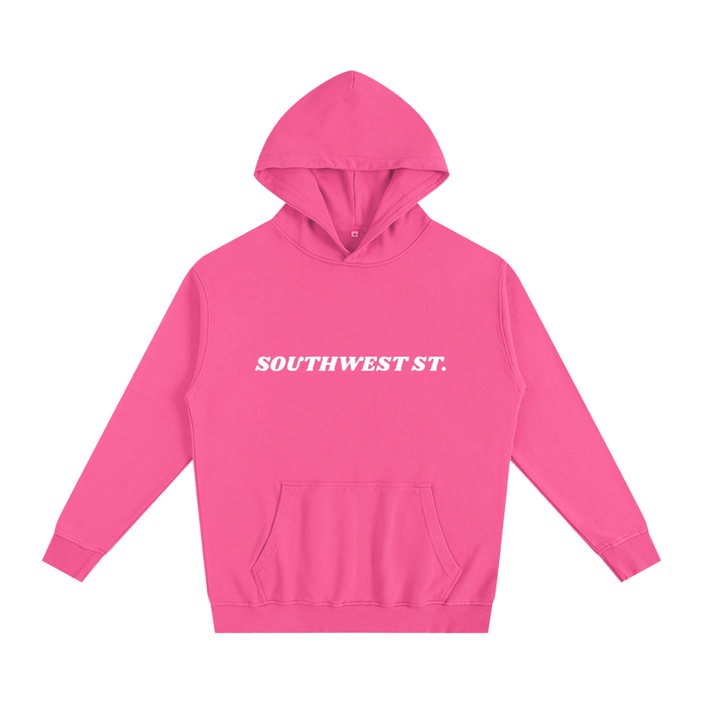 Pink hoodie with 'SOUTHWEST ST.' text on a white background