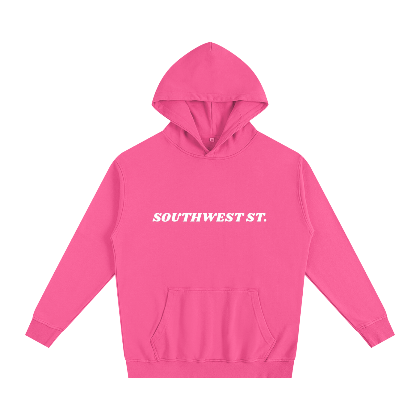 Pink hoodie with 'SOUTHWEST ST.' text on a white background