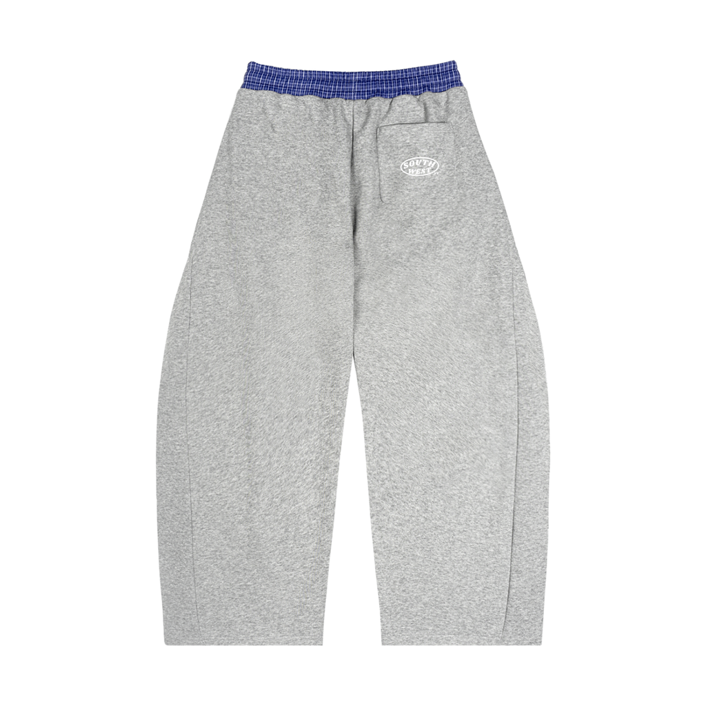 Gray sweatpants with a blue waistband on a white background