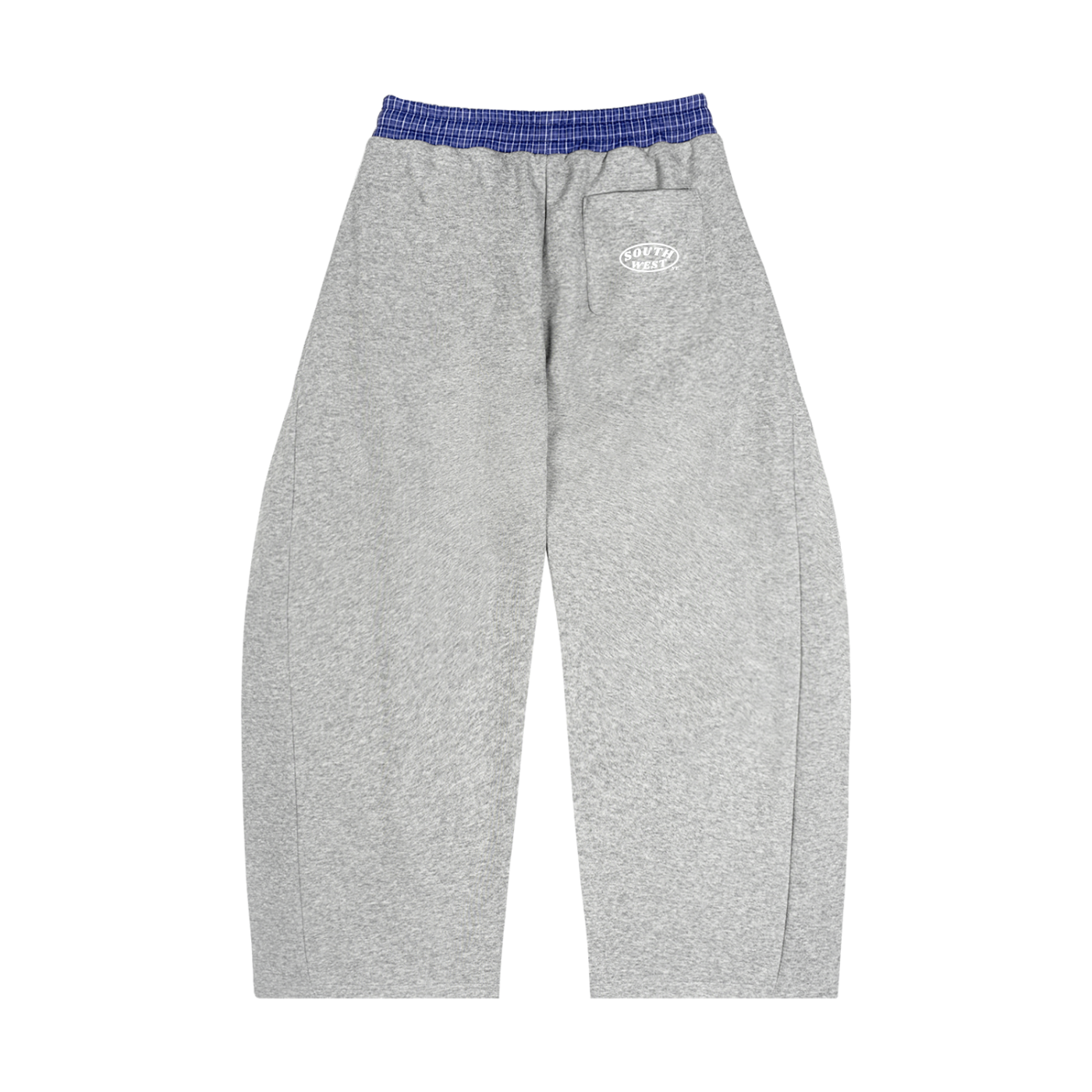 Gray sweatpants with a blue waistband on a white background