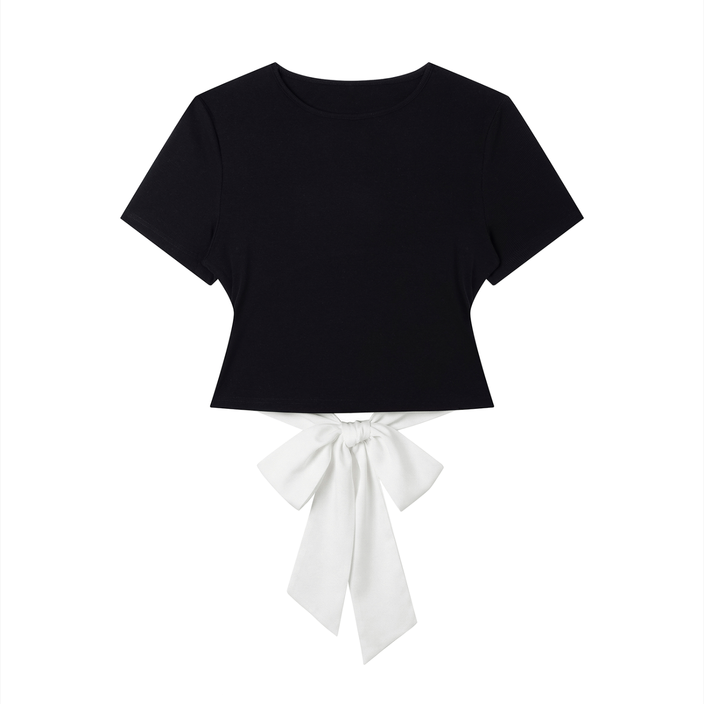 Black crop top with a white bow on a white background