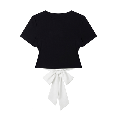 Black crop top with a white bow on a white background