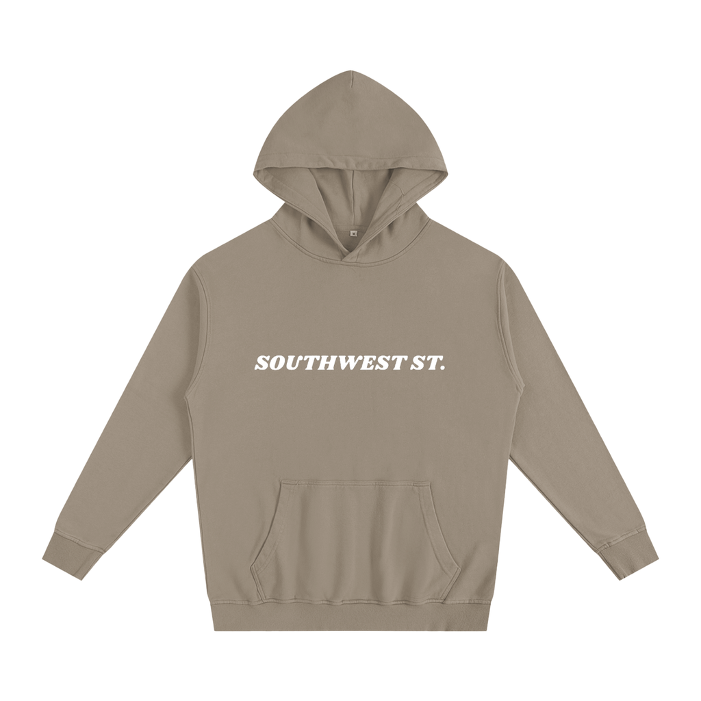 Beige hoodie with 'SOUTHWEST ST.' text on a white background
