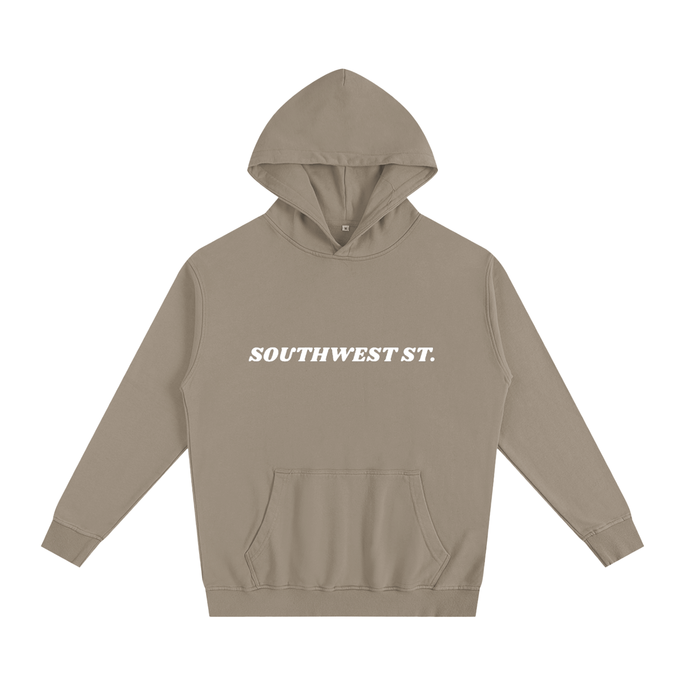 Beige hoodie with 'SOUTHWEST ST.' text on a white background