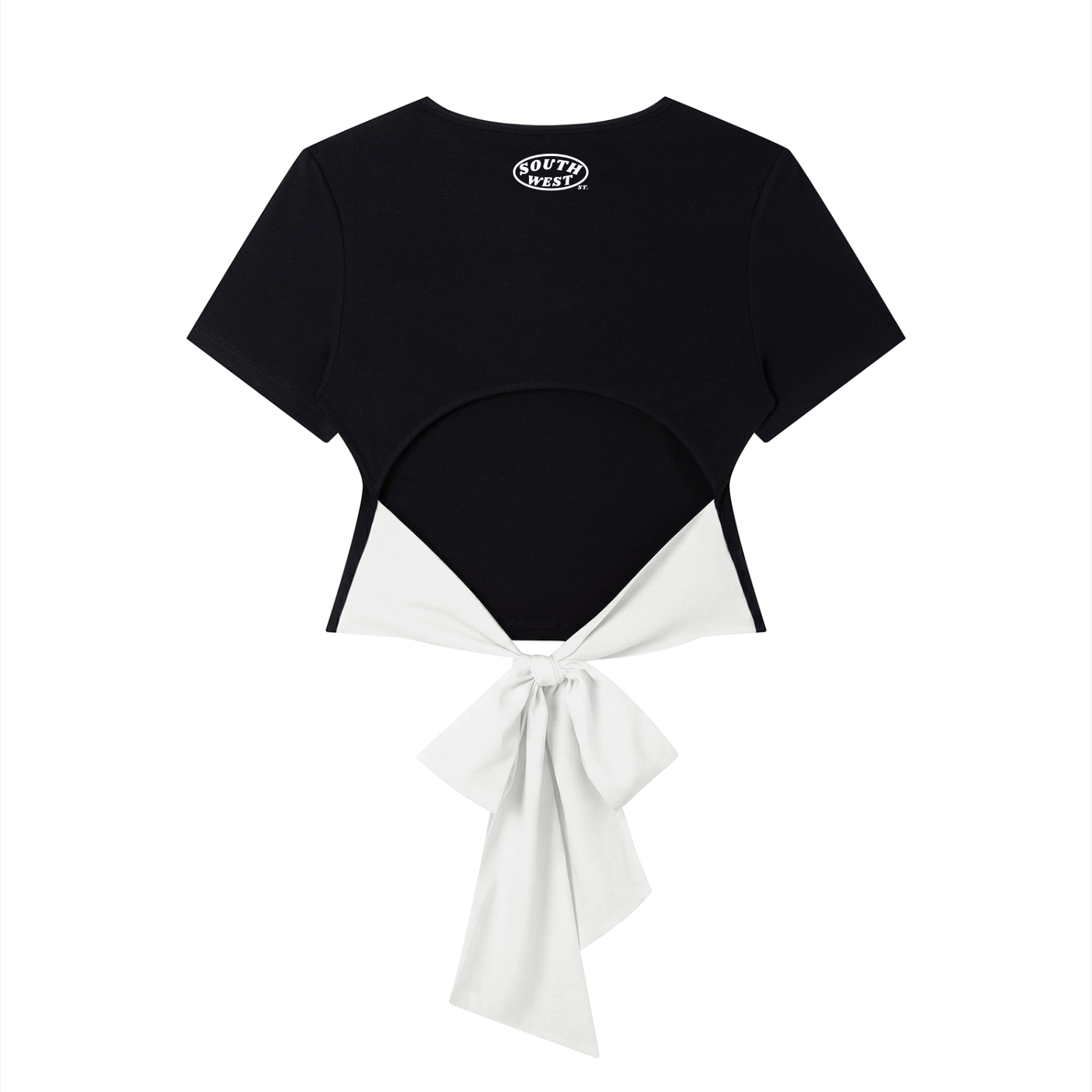 Black top with a white bow on a white background