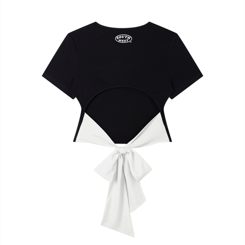 Black top with a white bow on a white background