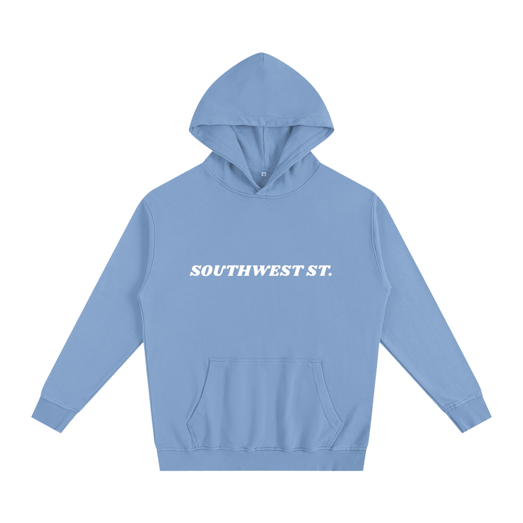 Light blue hoodie with 'SOUTHWEST ST.' text on a white background