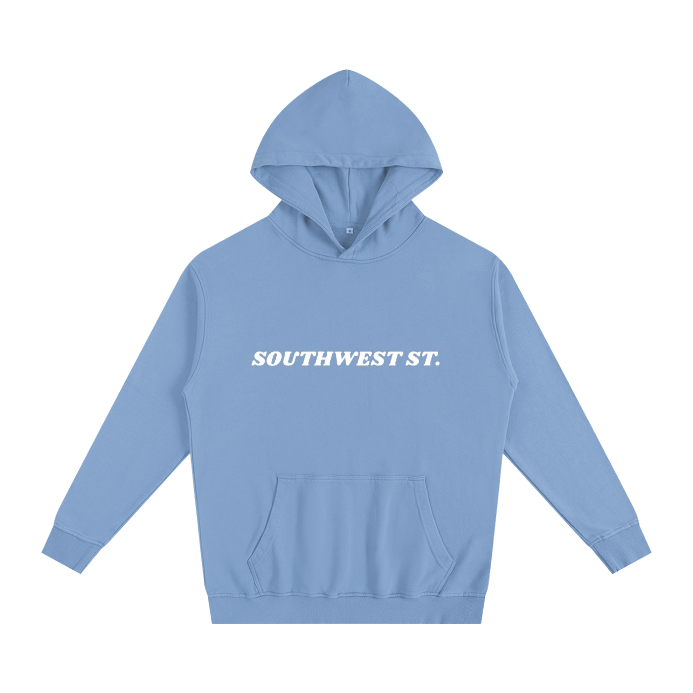 Light blue hoodie with 'SOUTHWEST ST.' text on a white background