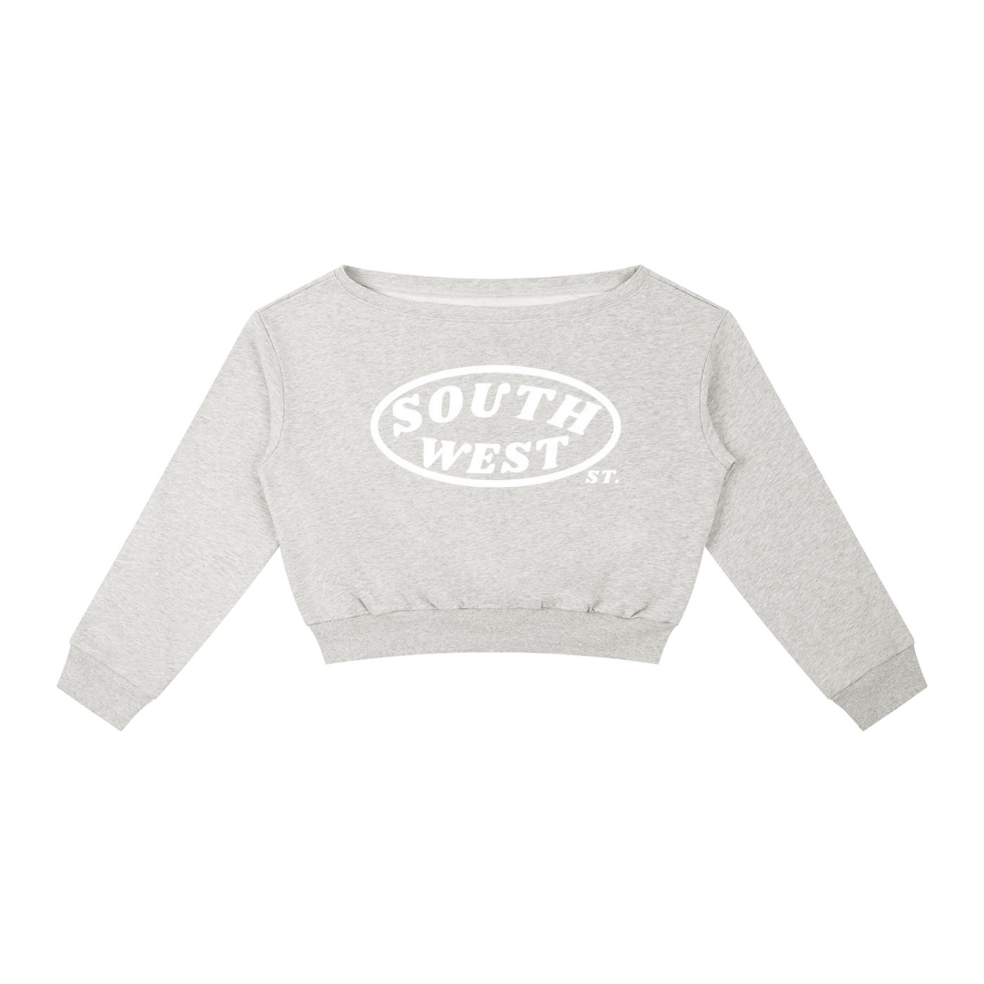 Gray cropped sweatshirt with 'South West' logo on a white background