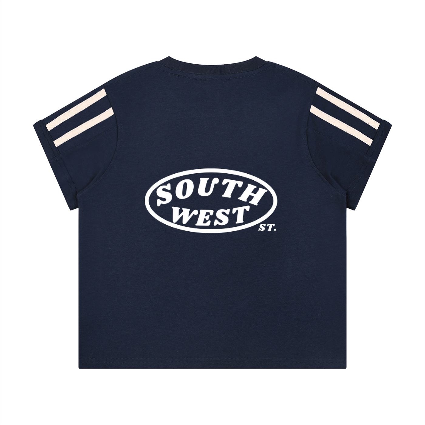 Navy blue t-shirt with 'South West St.' print on a white background