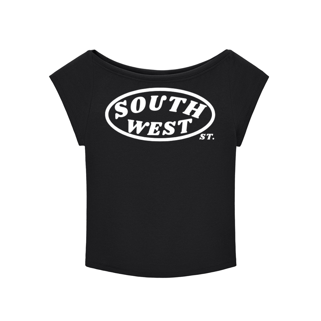Black crop top with 'South West St.' logo on a white background