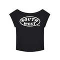 Black crop top with 'South West St.' logo on a white background