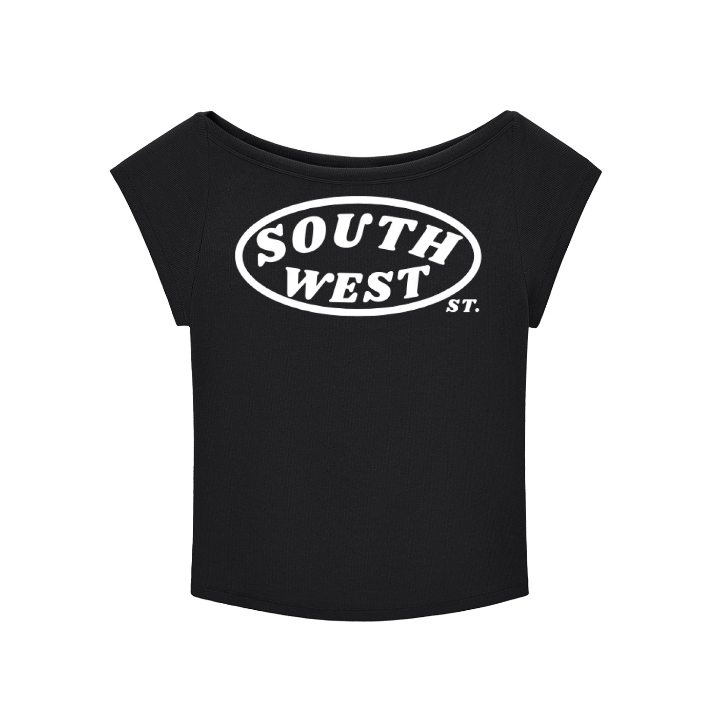 Black crop top with 'South West St.' logo on a white background
