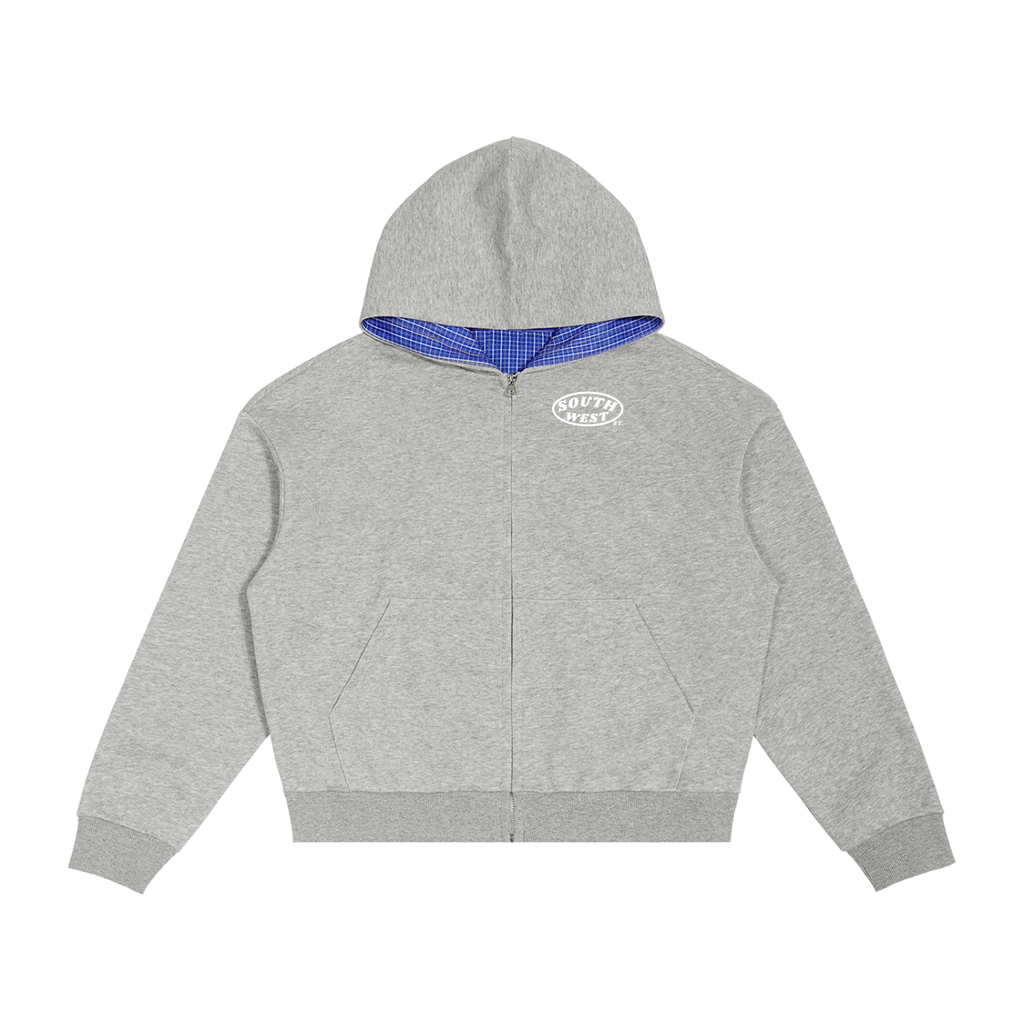 Gray hoodie with blue lining on a white background