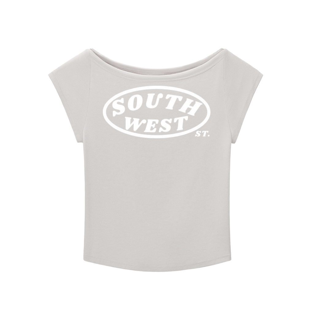 White sleeveless top with 'South West St.' logo on a white background