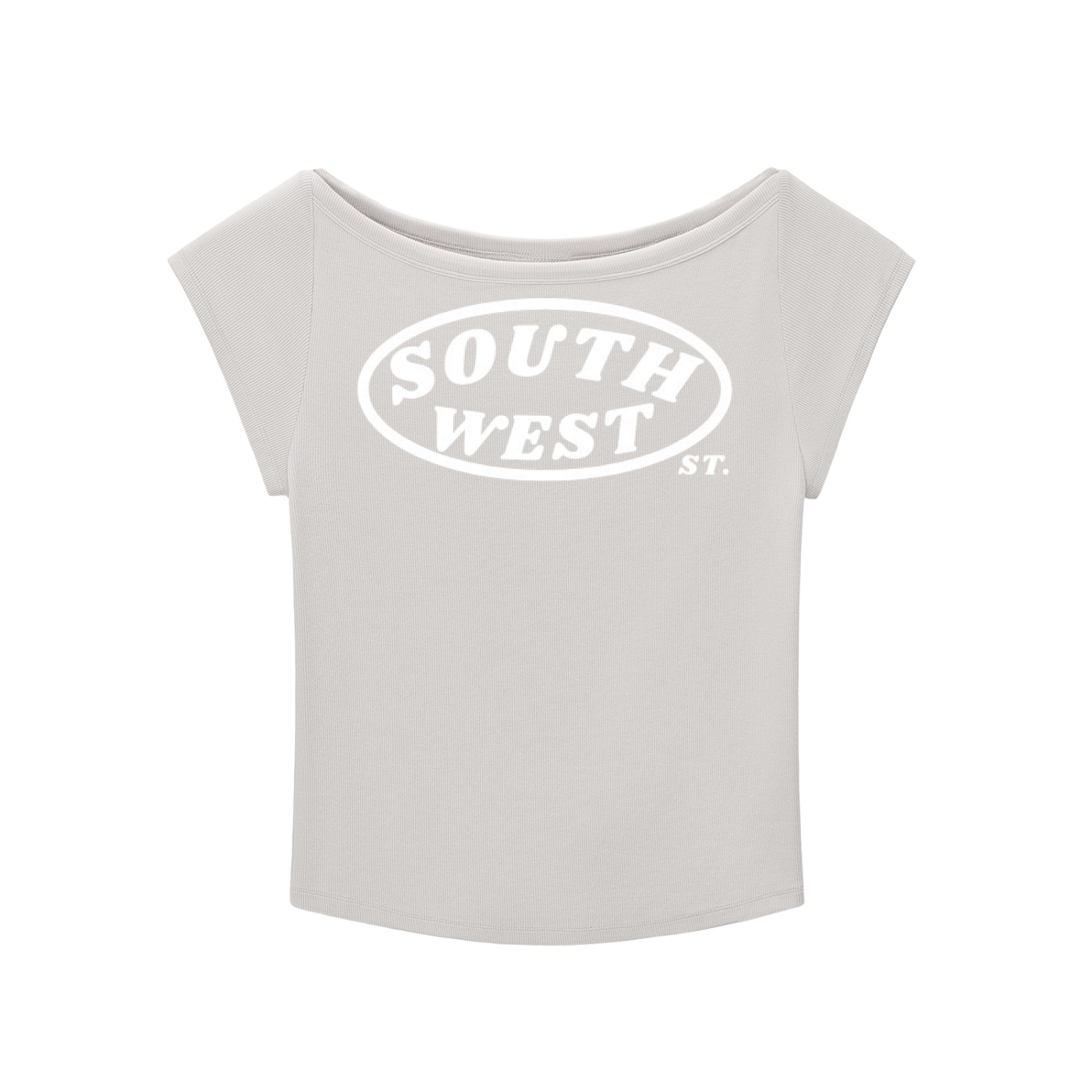 White sleeveless top with 'South West St.' logo on a white background