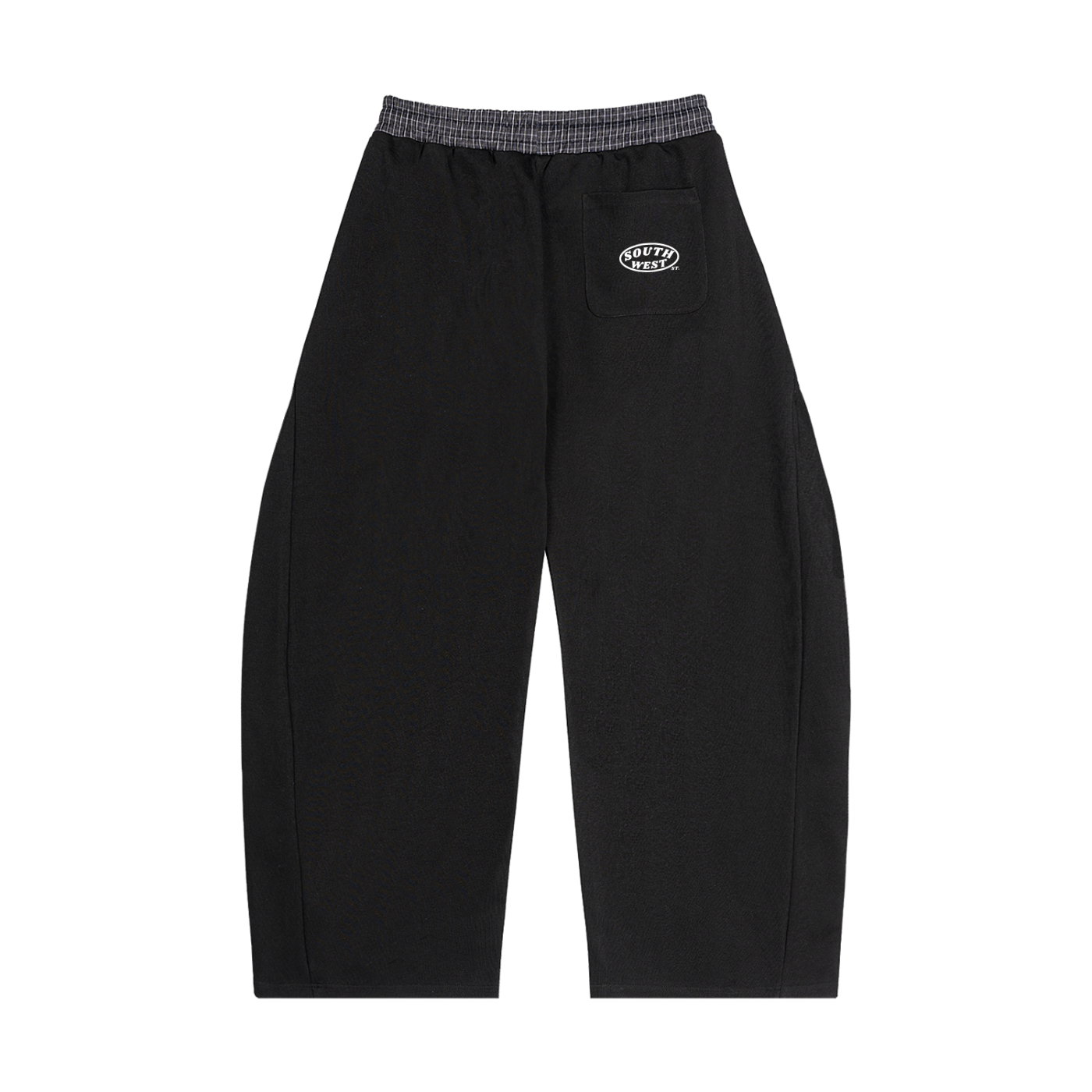 Black pants with a small pocket and checkered waistband on a white background