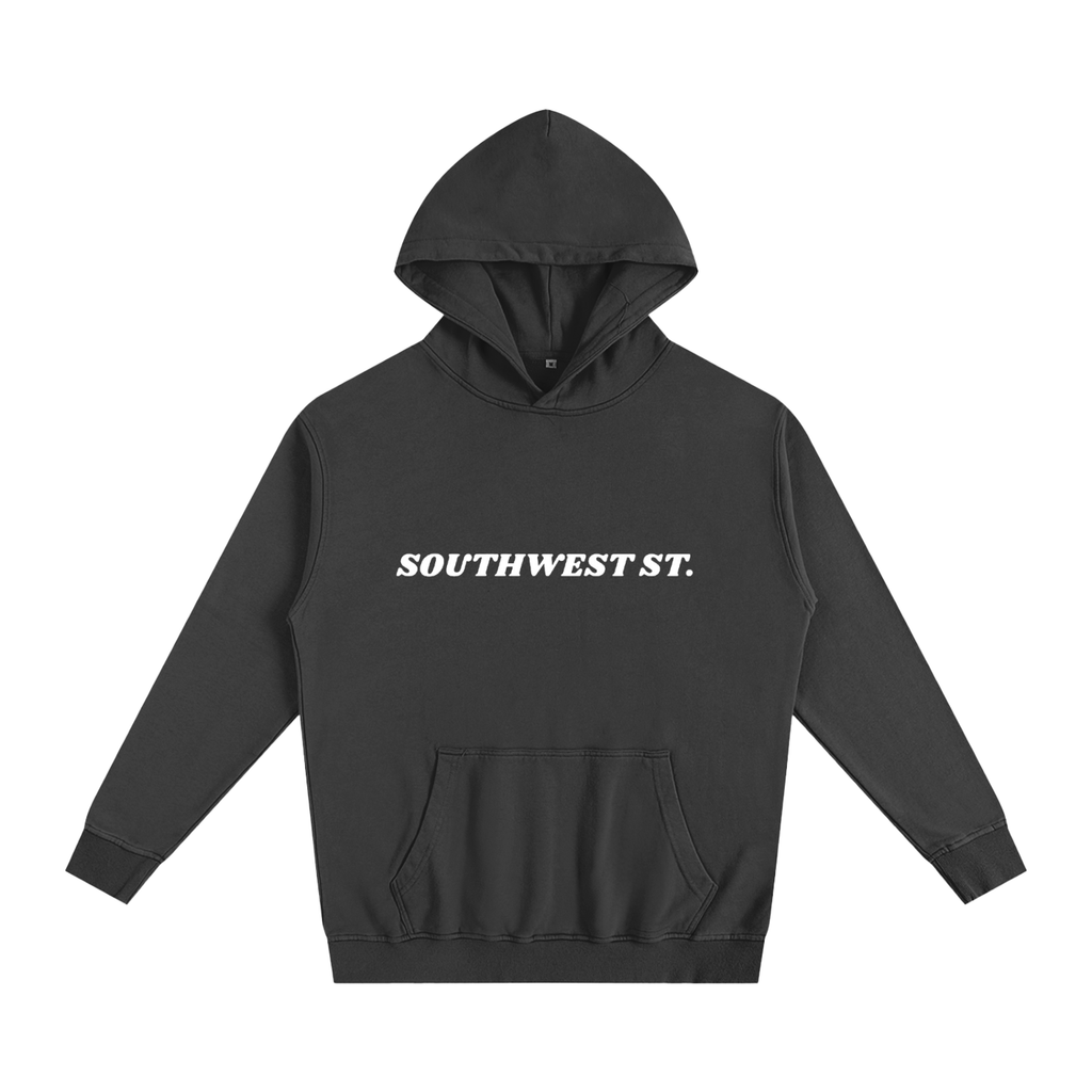 Black hoodie with a logo on the chest against a white background