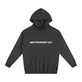 Black hoodie with a logo on the chest against a white background