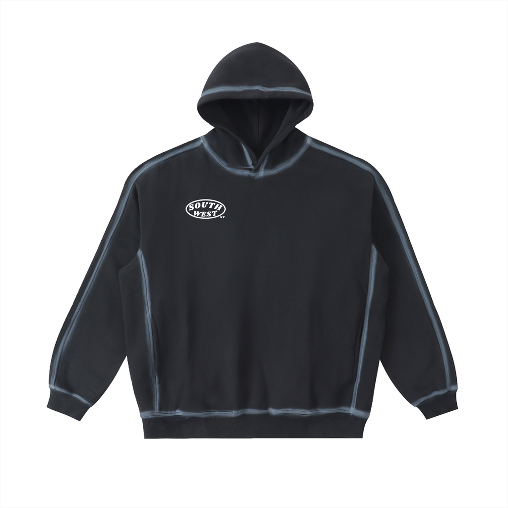 Black hoodie with a logo on the chest against a white background