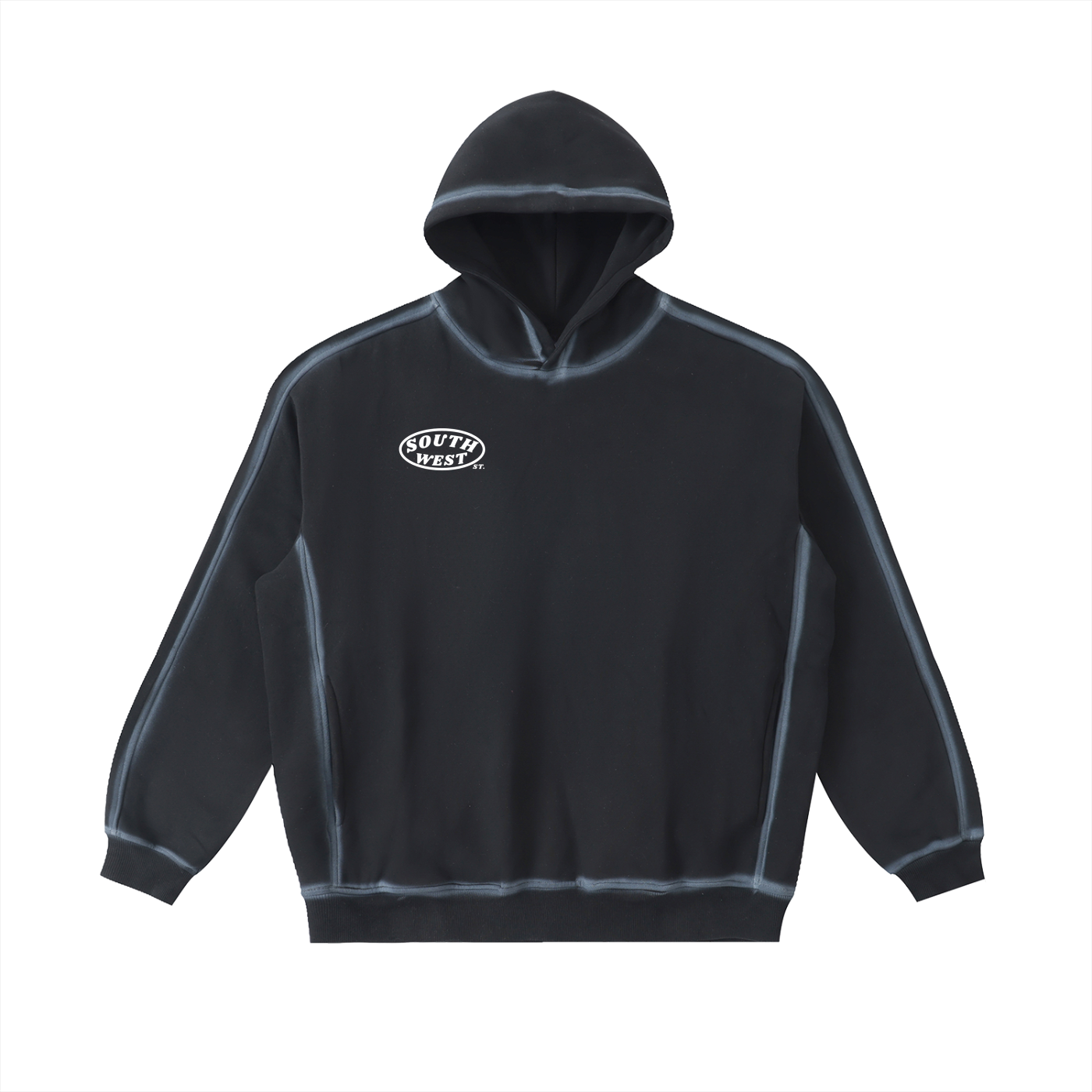 Black hoodie with a logo on the chest against a white background