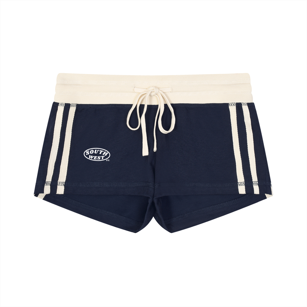 Navy shorts with white drawstring and waistband on a white background