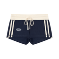 Navy shorts with white drawstring and waistband on a white background