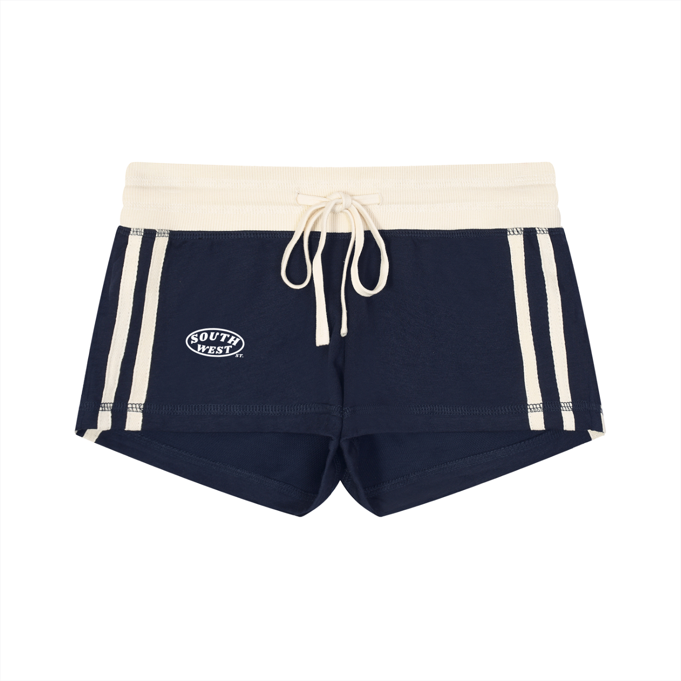 Navy shorts with white drawstring and waistband on a white background